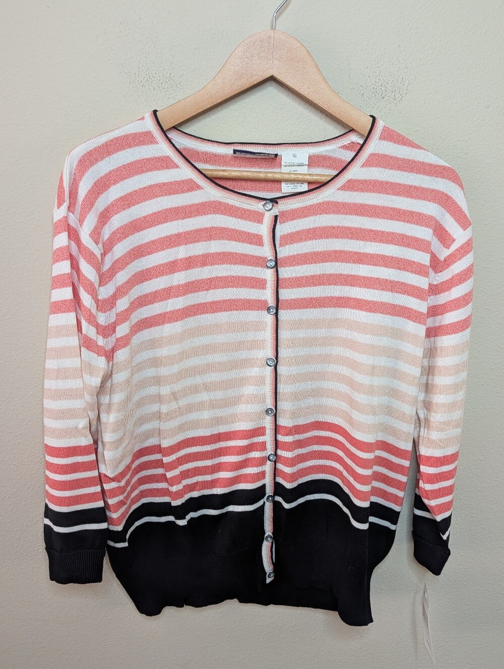 NWT Vintage Erika & Co Coral Peach Black Ombre Stripe Cotton Cardigan Size XL
